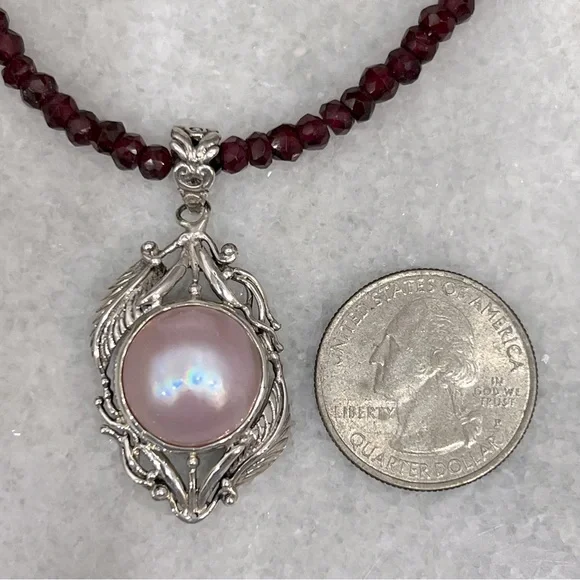 Mabe Pink Pearl Sterling Silver Openwork Leaf Pendant 20” Necklace - Picture 12 of 12